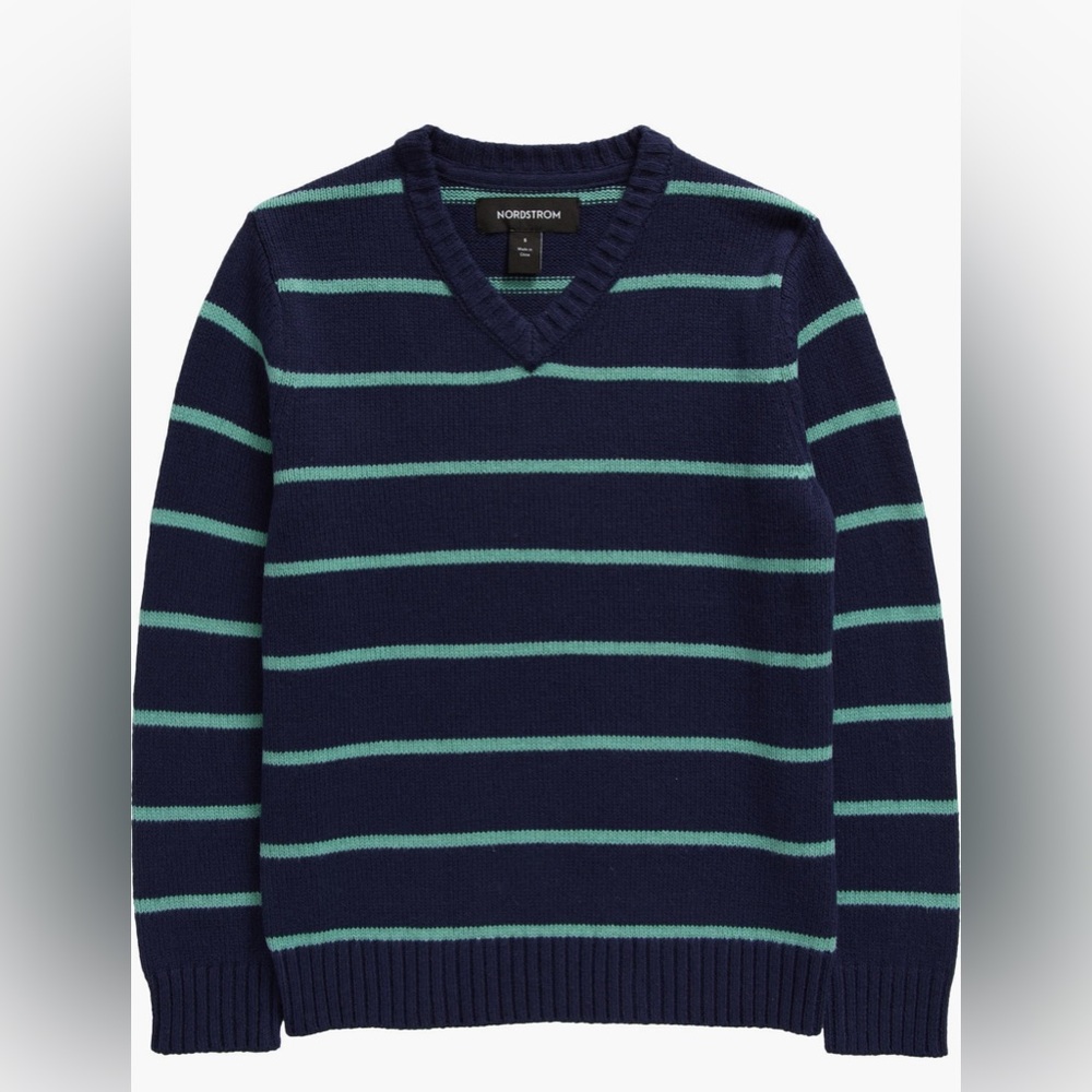 Nordstrom Boys V-Neck Sweater in Navy Peacoat Green Legacy| size: 14/16